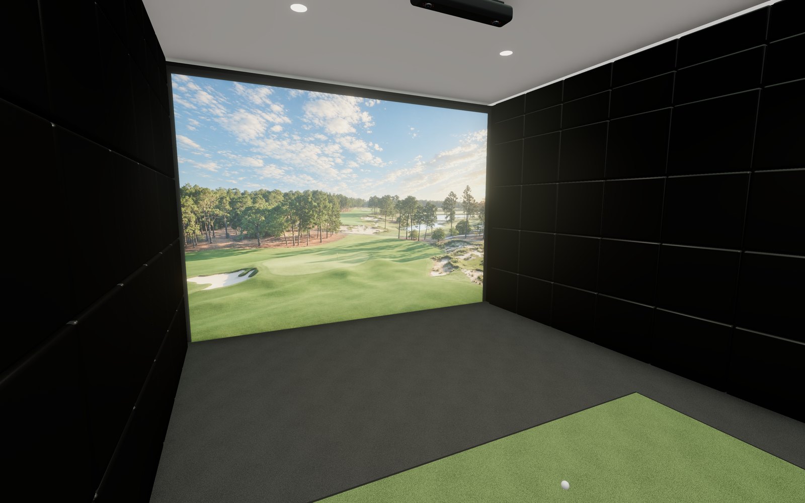 The Rain or Shine Golf Sim Builder: six build steps beside a 3D view of your room