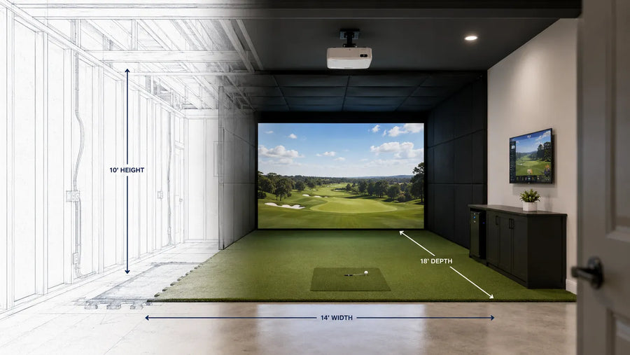 Golf simulator room with height, width and depth measurements labelled
