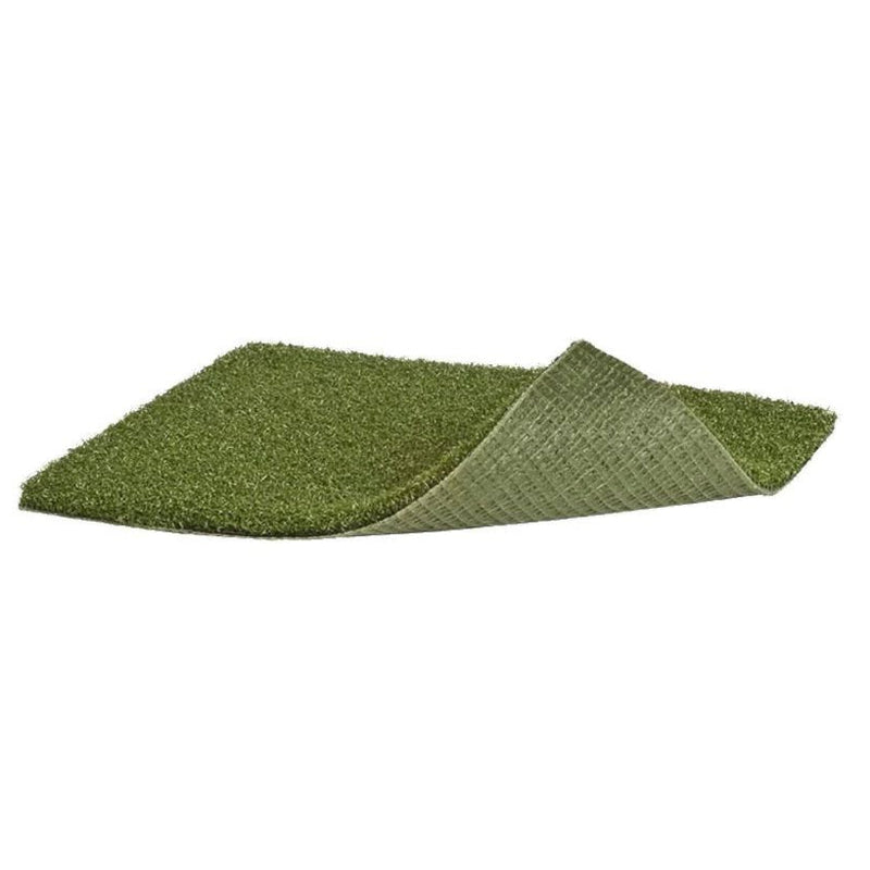 Green Money Putt putting turf sample with one corner folded back to show the woven backing