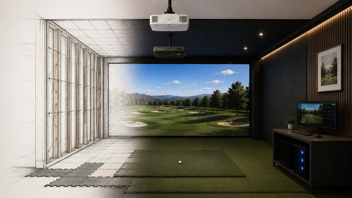 Golf simulator room design plan becoming a finished build